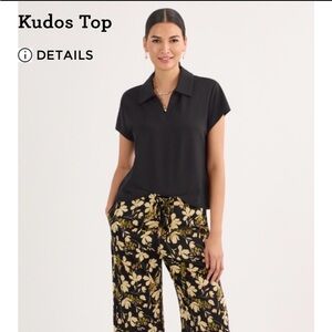 CAbi XL Black Kudos Top. Short Sleeve Collared Top
